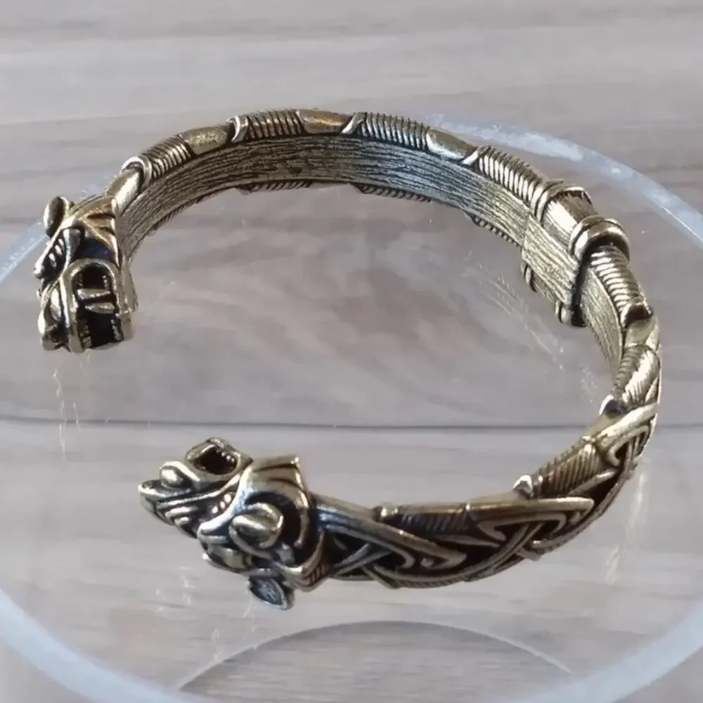 Silver Wolf Head Viking Norse Knotwork Cuff Bangle Bracelet